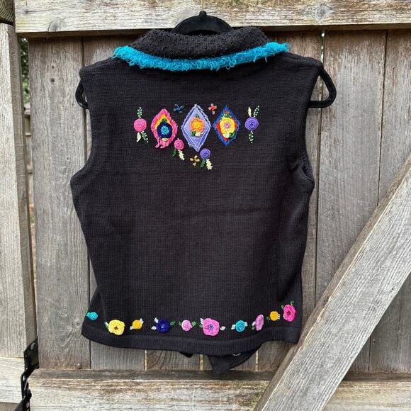 VTG BEREK 2 black ramie cotton Sweater VEST beaded chenille flowers size small - Picture 2 of 4